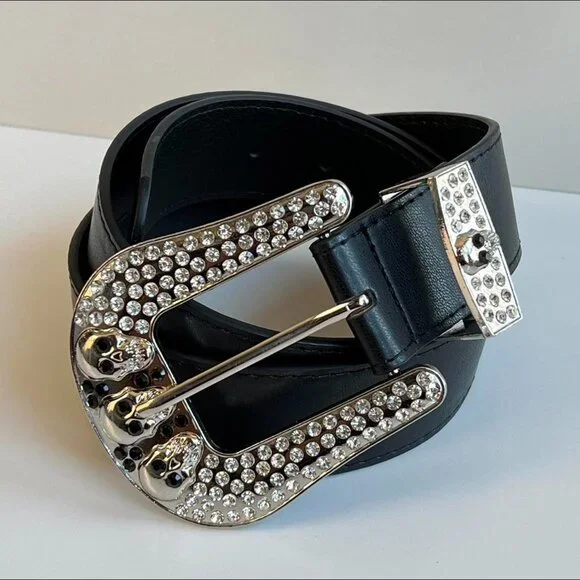 y2k 2000s chrome skull rhinestone black and silver grunge emo belt - Picture 4 of 8
